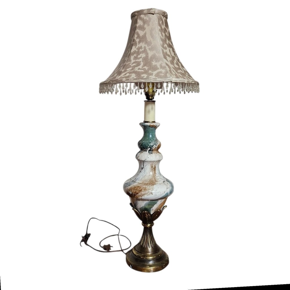 Vintage Hollywood Regency Table Lamp Glass Faux Marble Beaded Fringe Shade MCM